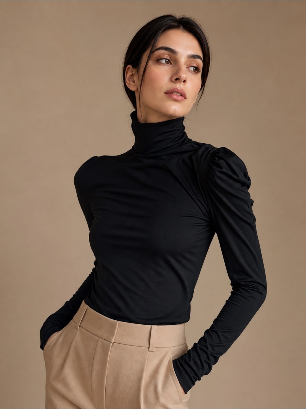 Bebe Black Ribbed Turtleneck Long Sleeve Top Fitted Stretch Chic Minimalist SP